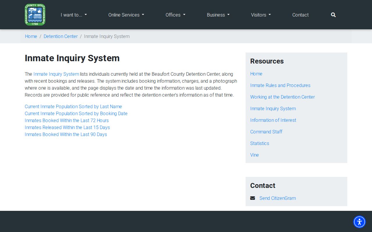 Bluffton resident lookup reference to the Beaufort County Detention Center inmate inquiry page
