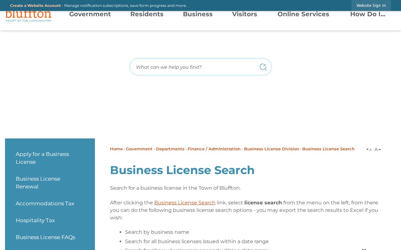 Bluffton city directory business-license search context