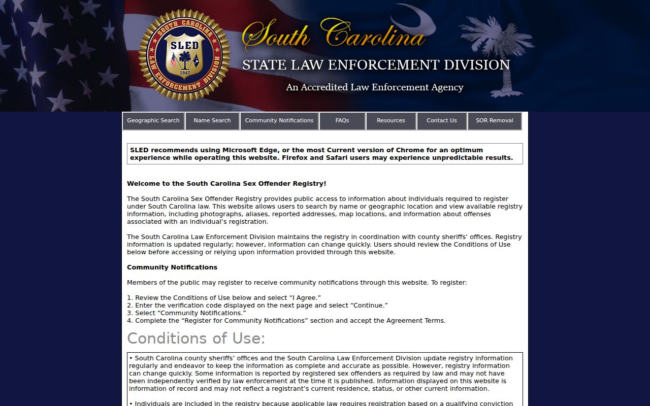 Bluffton resident lookup reference to South Carolina SLED registry conditions of use